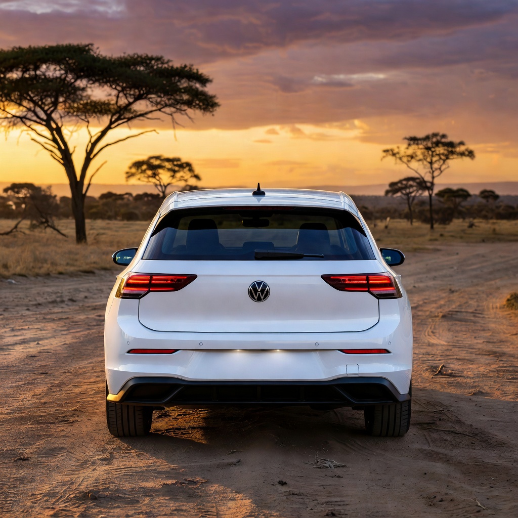 White Volkswagen Golf rear view in bushveld sunset