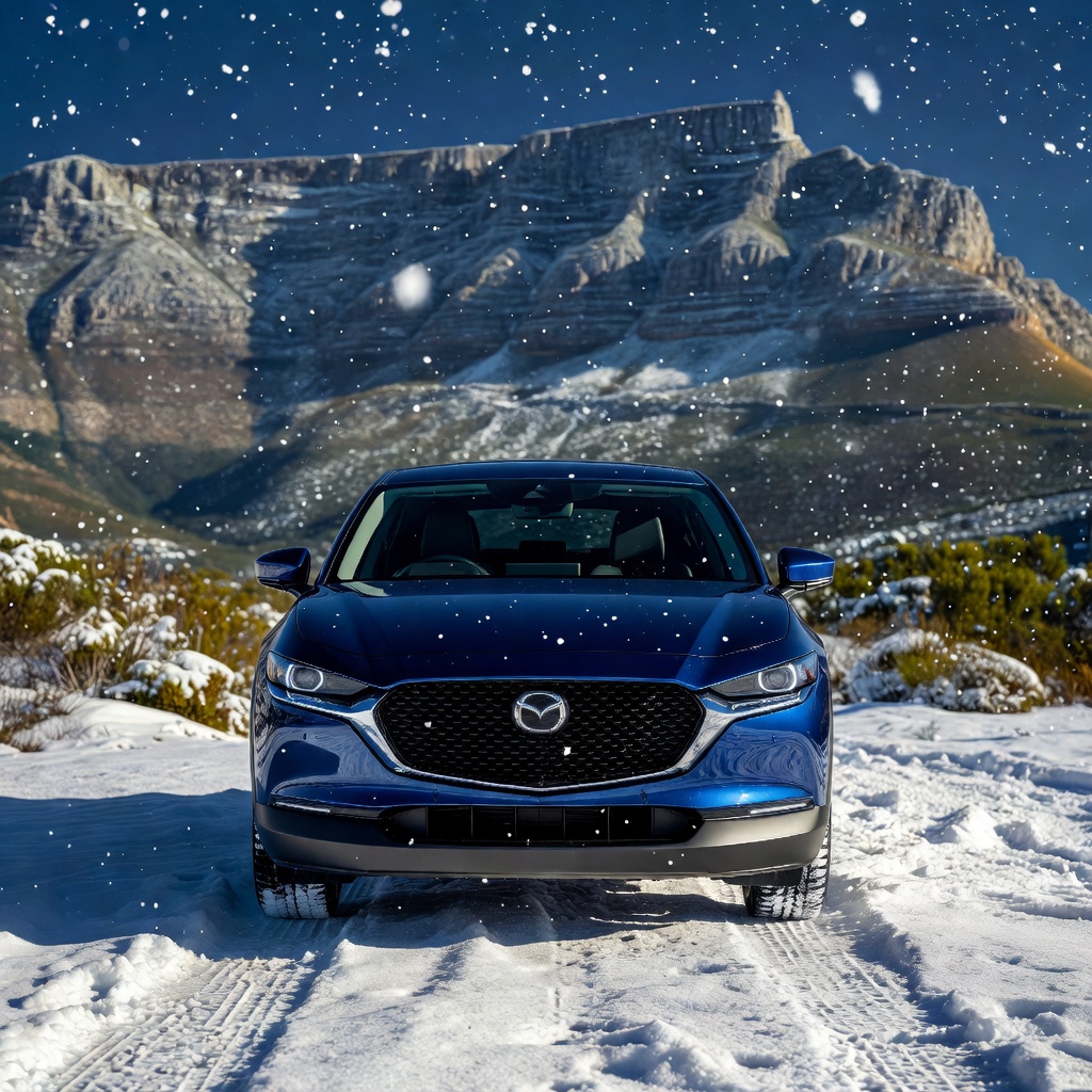 Blue Mazda SUV head-on in falling snow