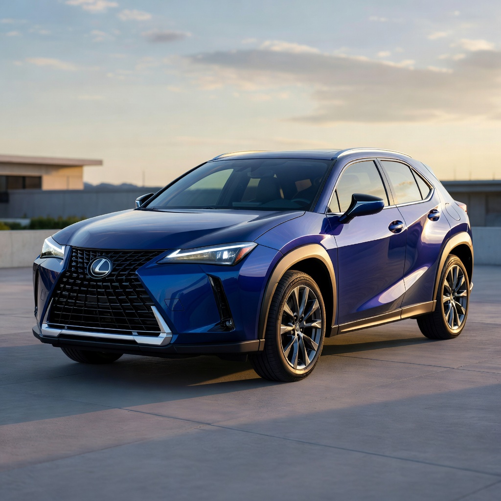 Blue Lexus UX on a rooftop at golden hour