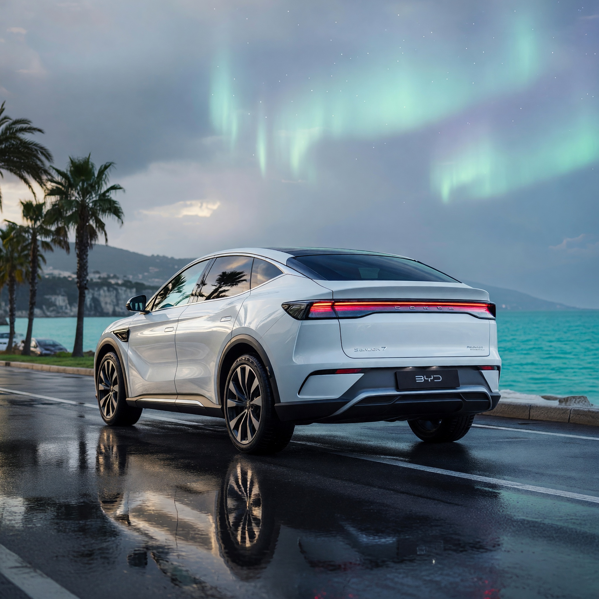 White BYD Sea Lion 7 on a wet coastal road at twilight