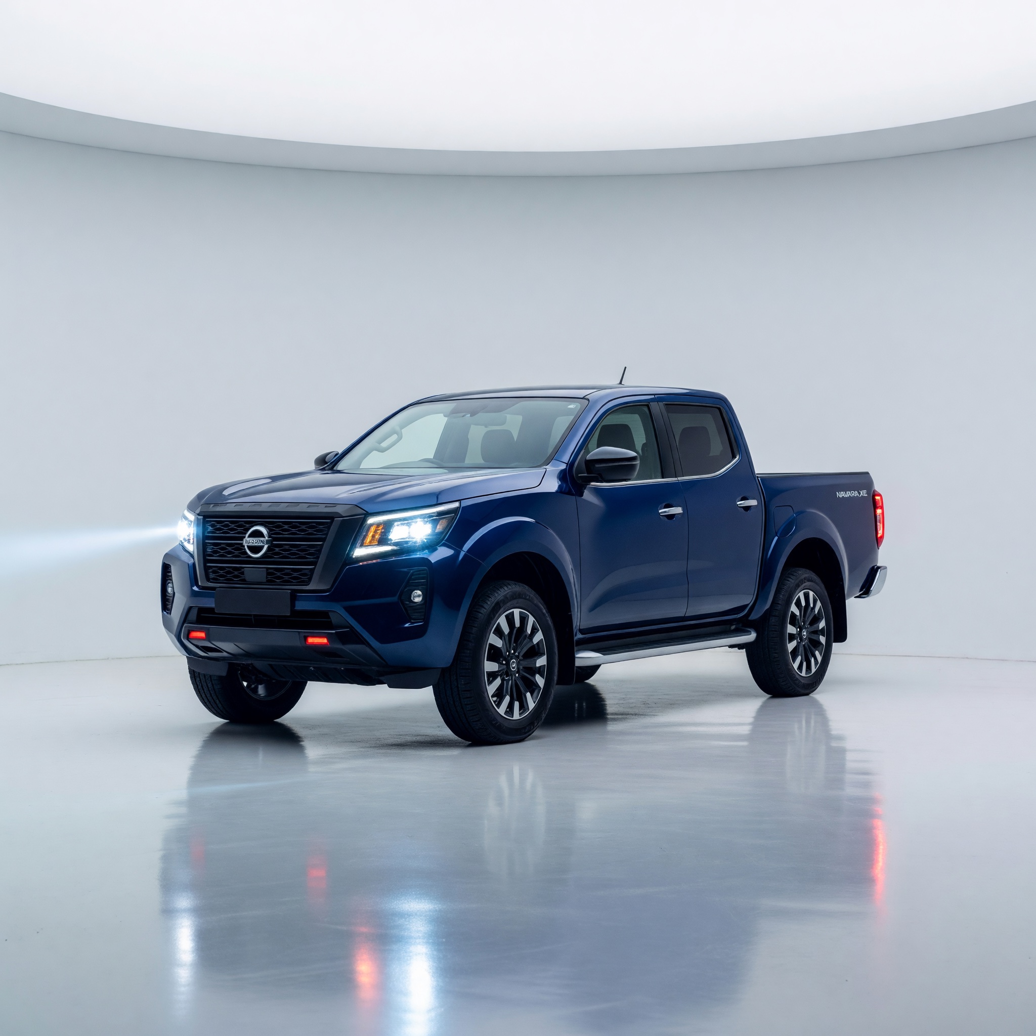 Blue Nissan Navara in a white cyclorama studio
