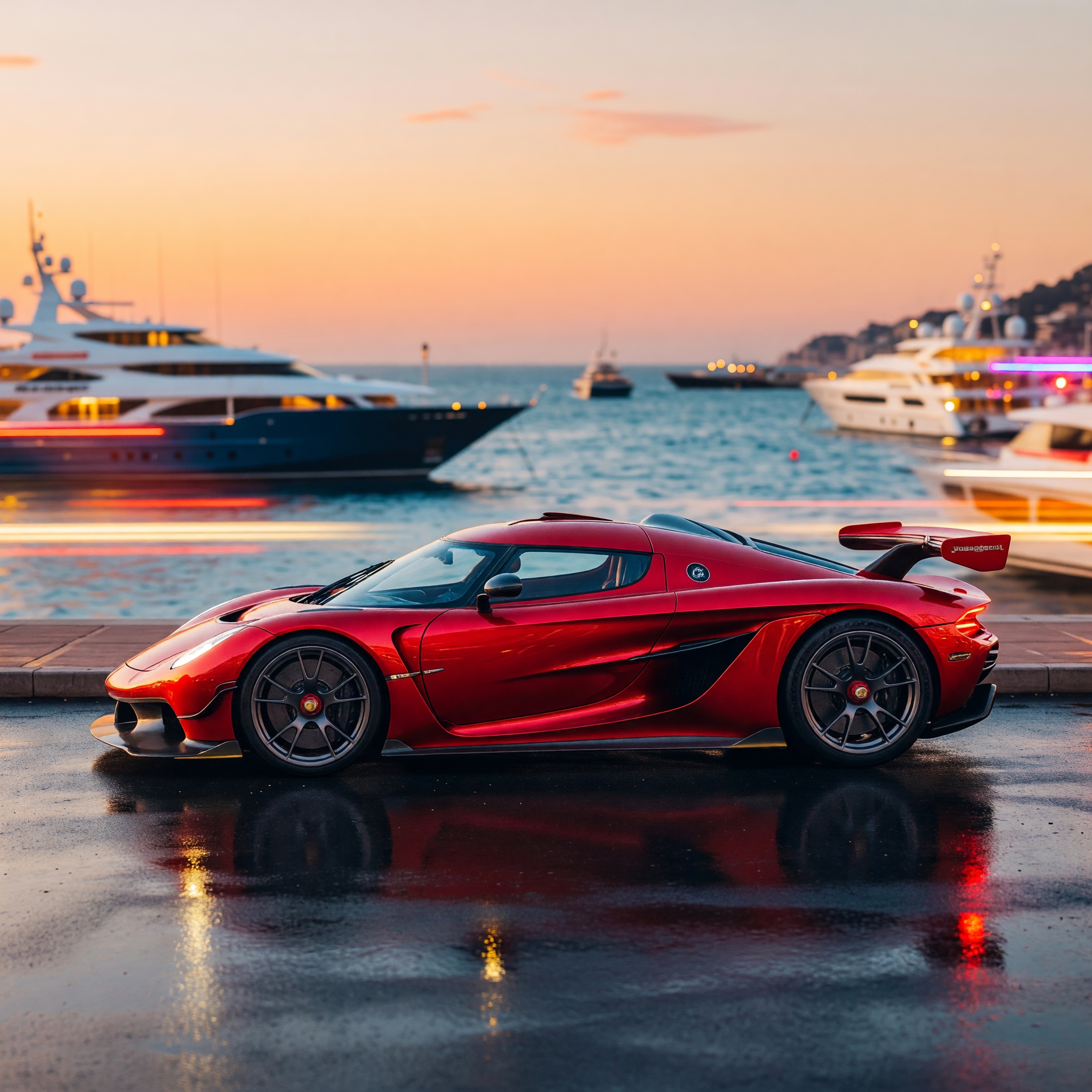 Red Koenigsegg Jesko on a marina pier at sunset