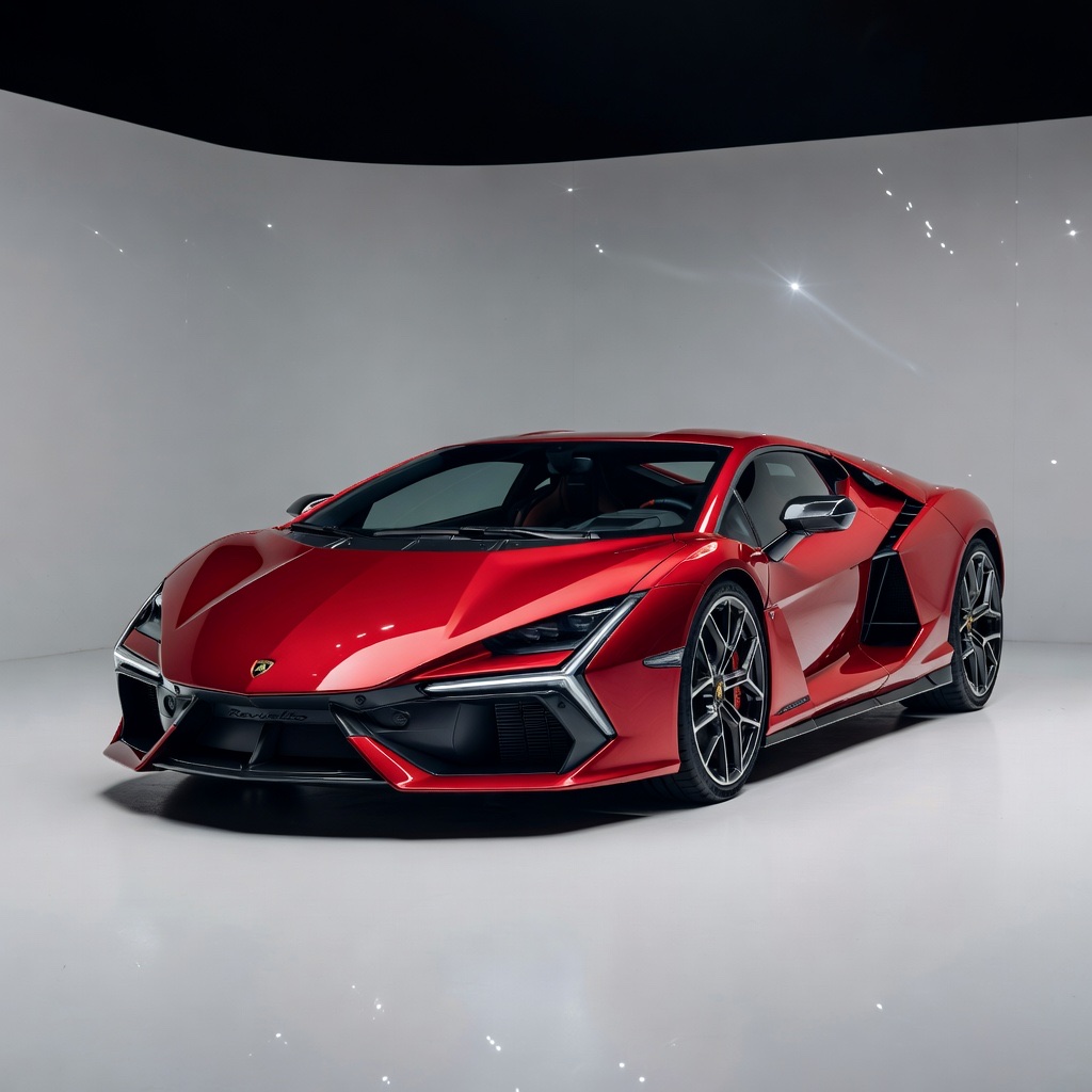 Red Lamborghini Revuelto front three-quarter in a white studio